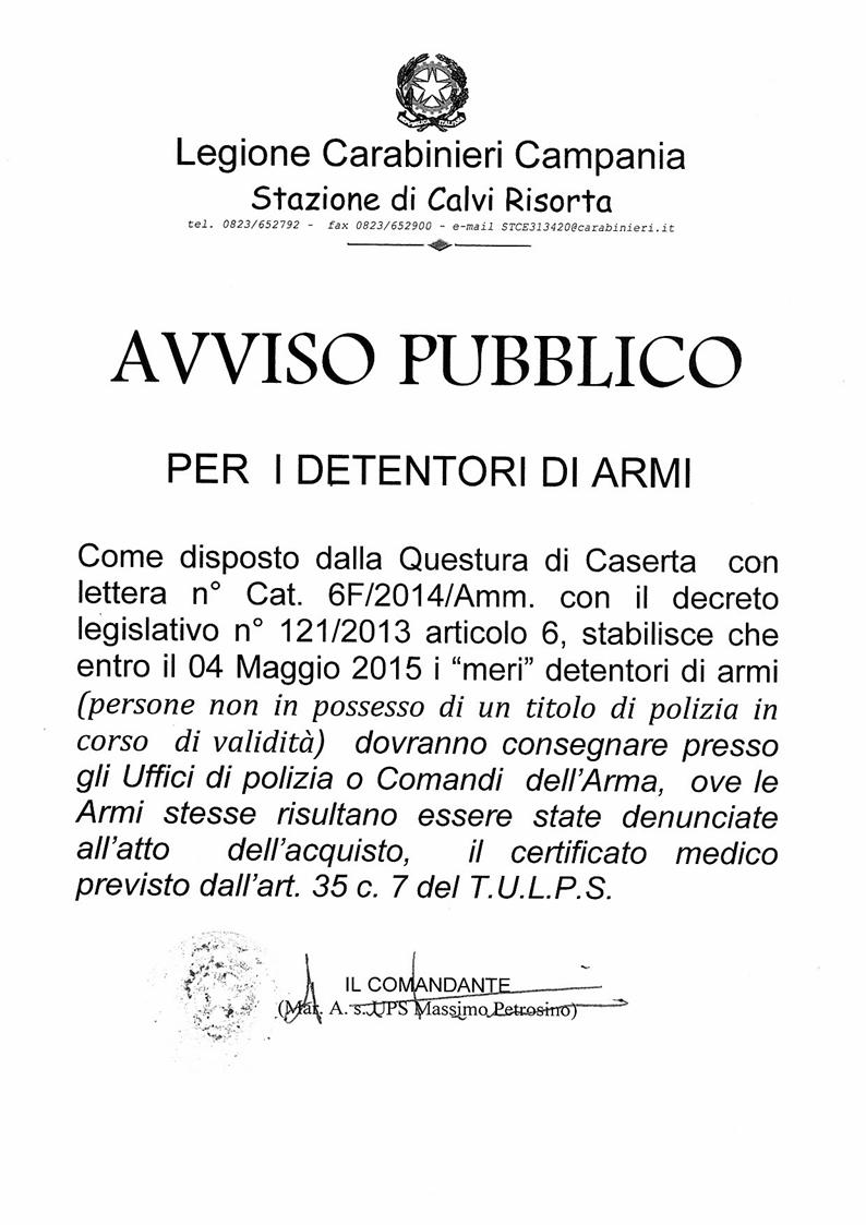 avviso pubblico per i detentori di armi